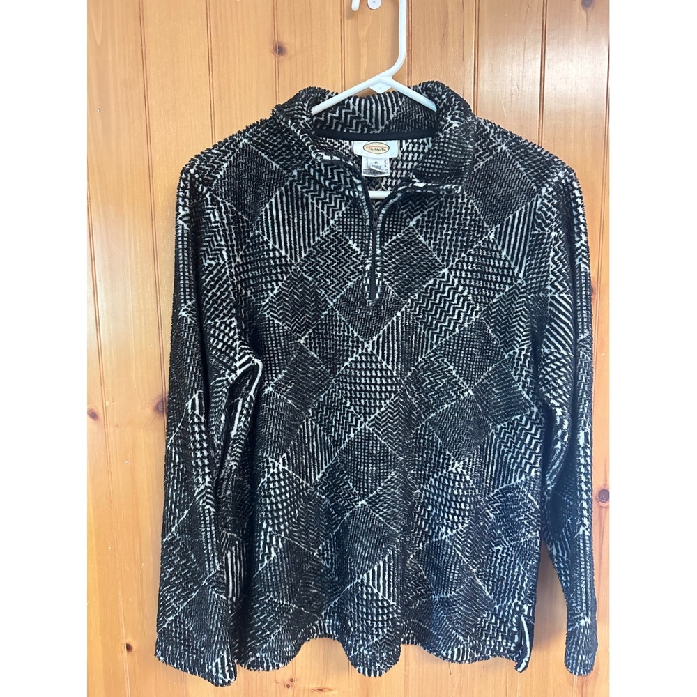 Talbots  Black White Geometric Diamond Textured Gorpcore Quarter Zip Pullover‎ M